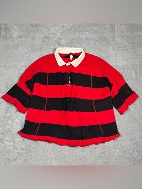 Free People Yuki Polo Rugby Top S Red Black Stripe Oversized Raw Hem Grunge Boho